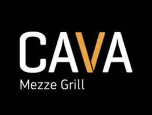 Logo for Cava Mezze Grill with black background, white and orange text.