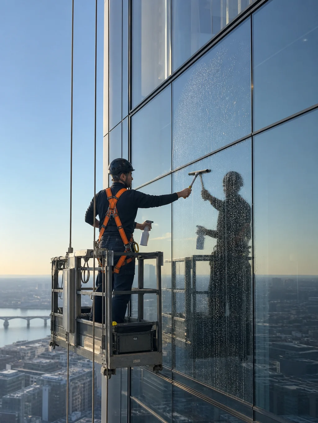 Horizon View window cleaner in orange polo using precision squeegee on sunlit Arlington TX residential window