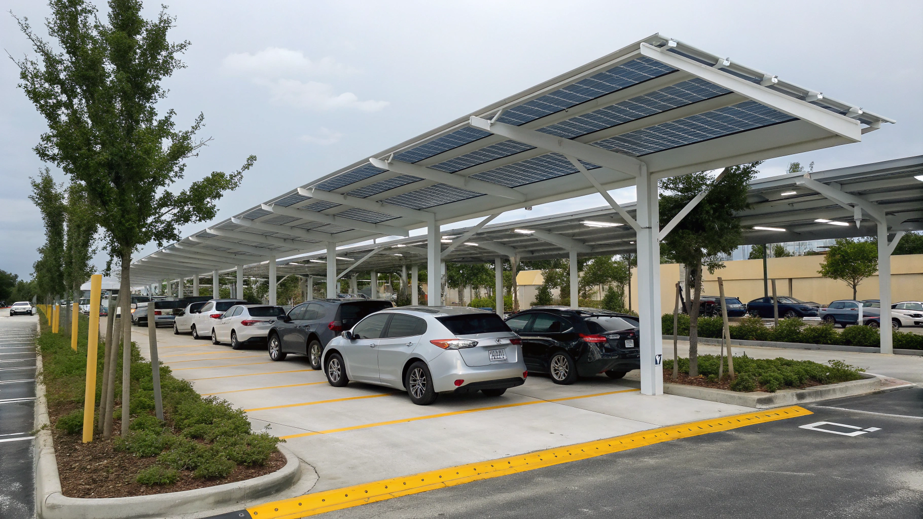 Crystal clean commercial solar canopy panels reflecting blue sky with zero streaks or residue