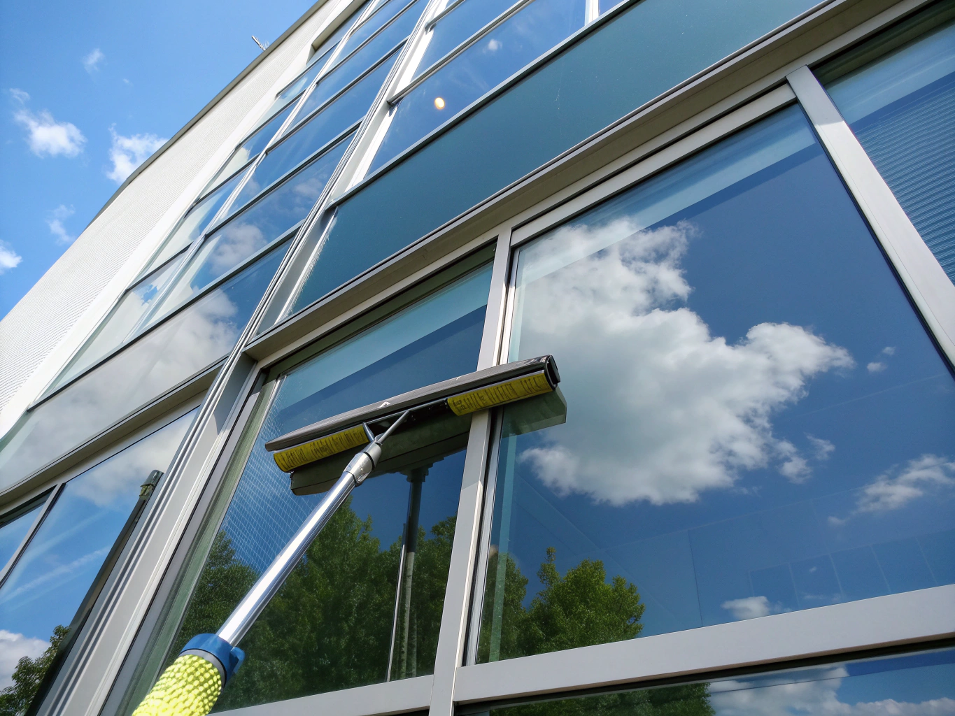 Close-up of streak-free clean glass reflecting clear blue sky