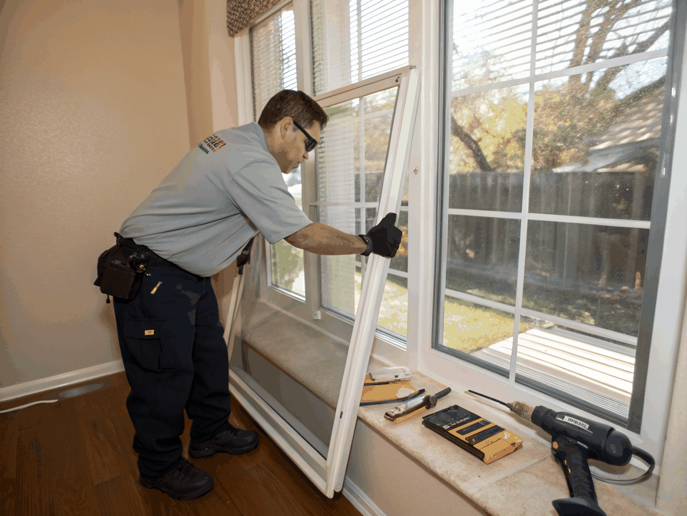 Technician in bright orange polo inspecting spotless streak-free transom glass on a custom Keller Texas home