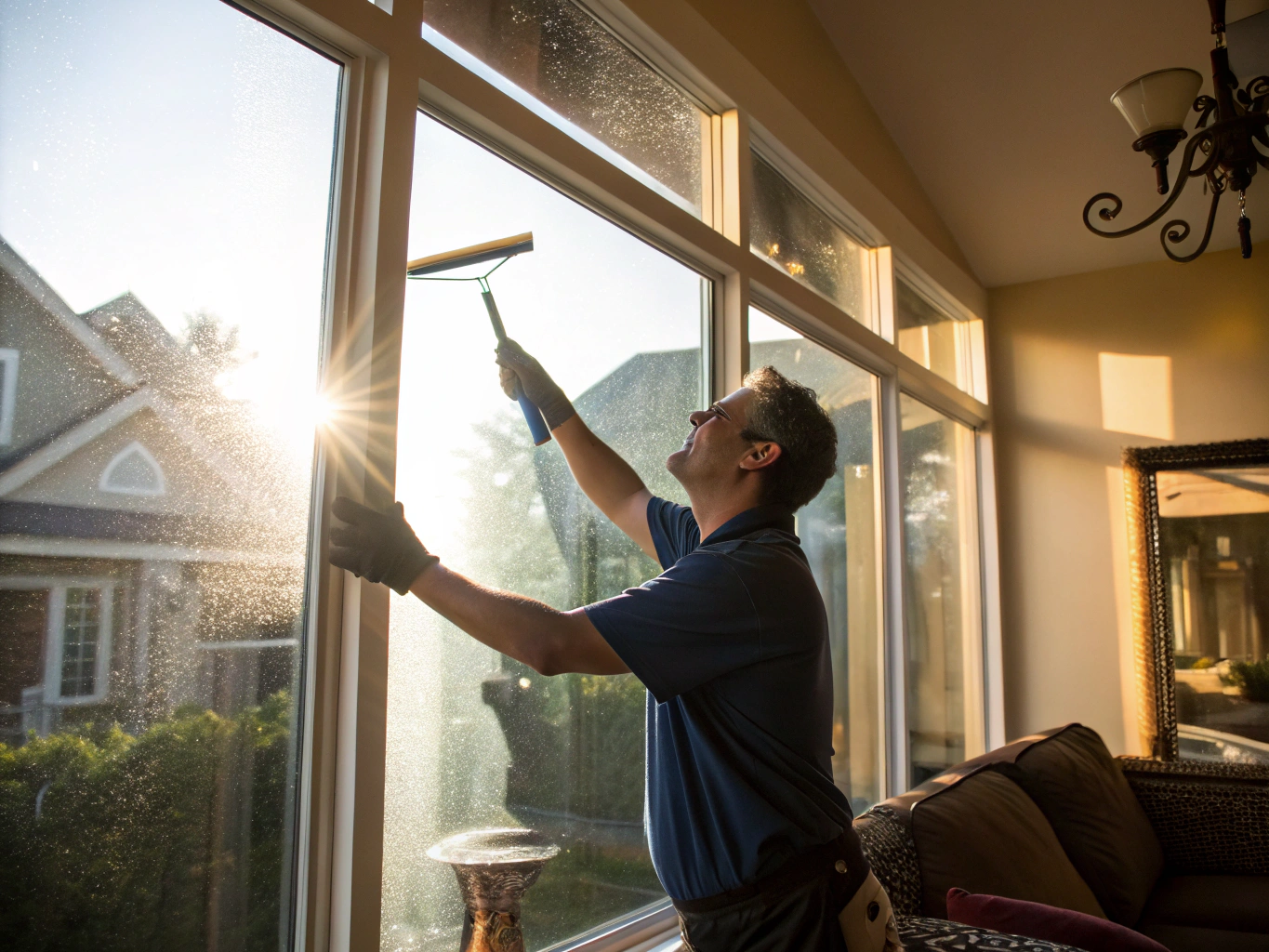 Horizon View technician in bright orange polo and khaki hat hand scrubbing window glass on a Keller Texas home