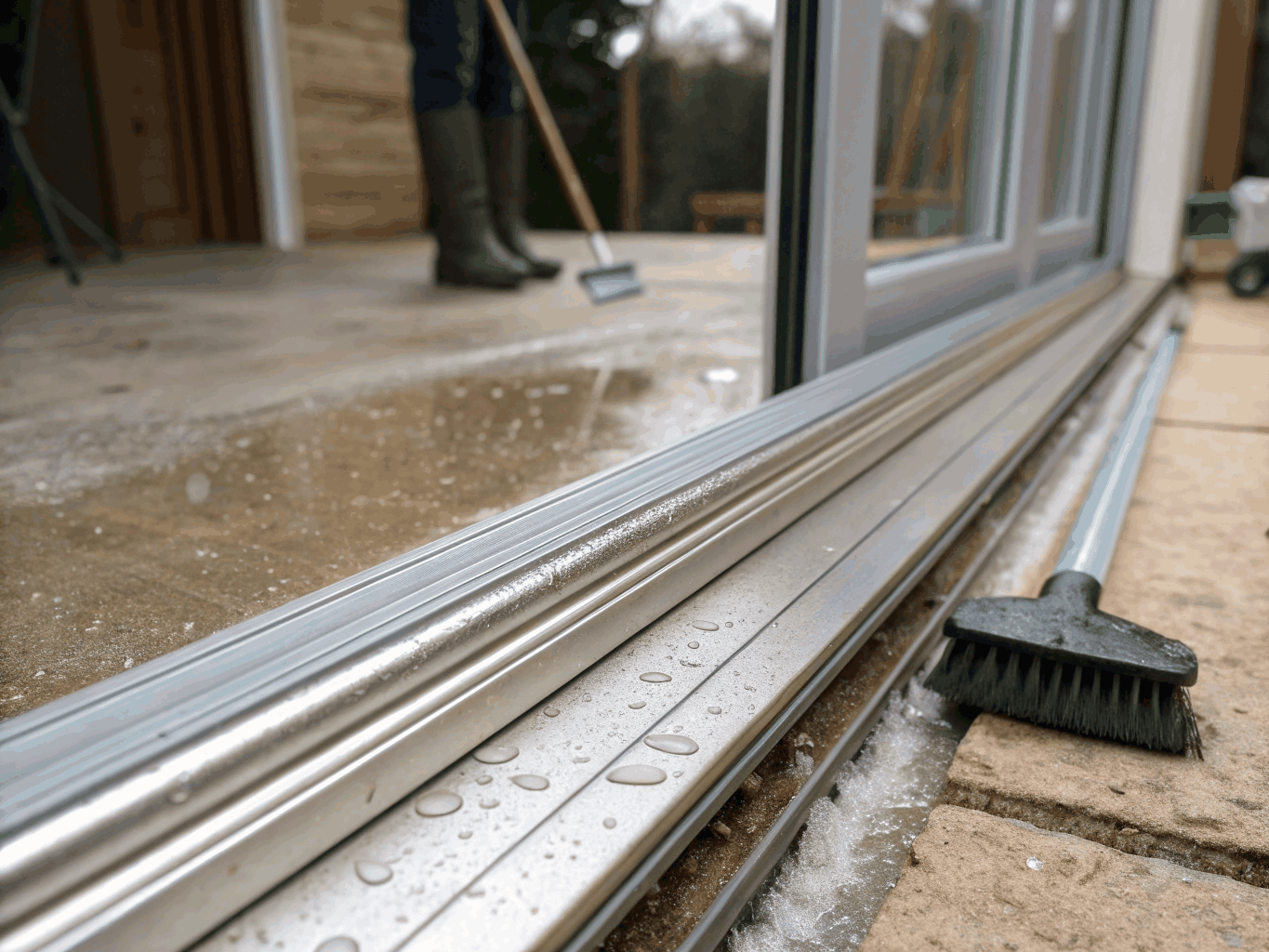 Sliding patio door mineral restoration in progress