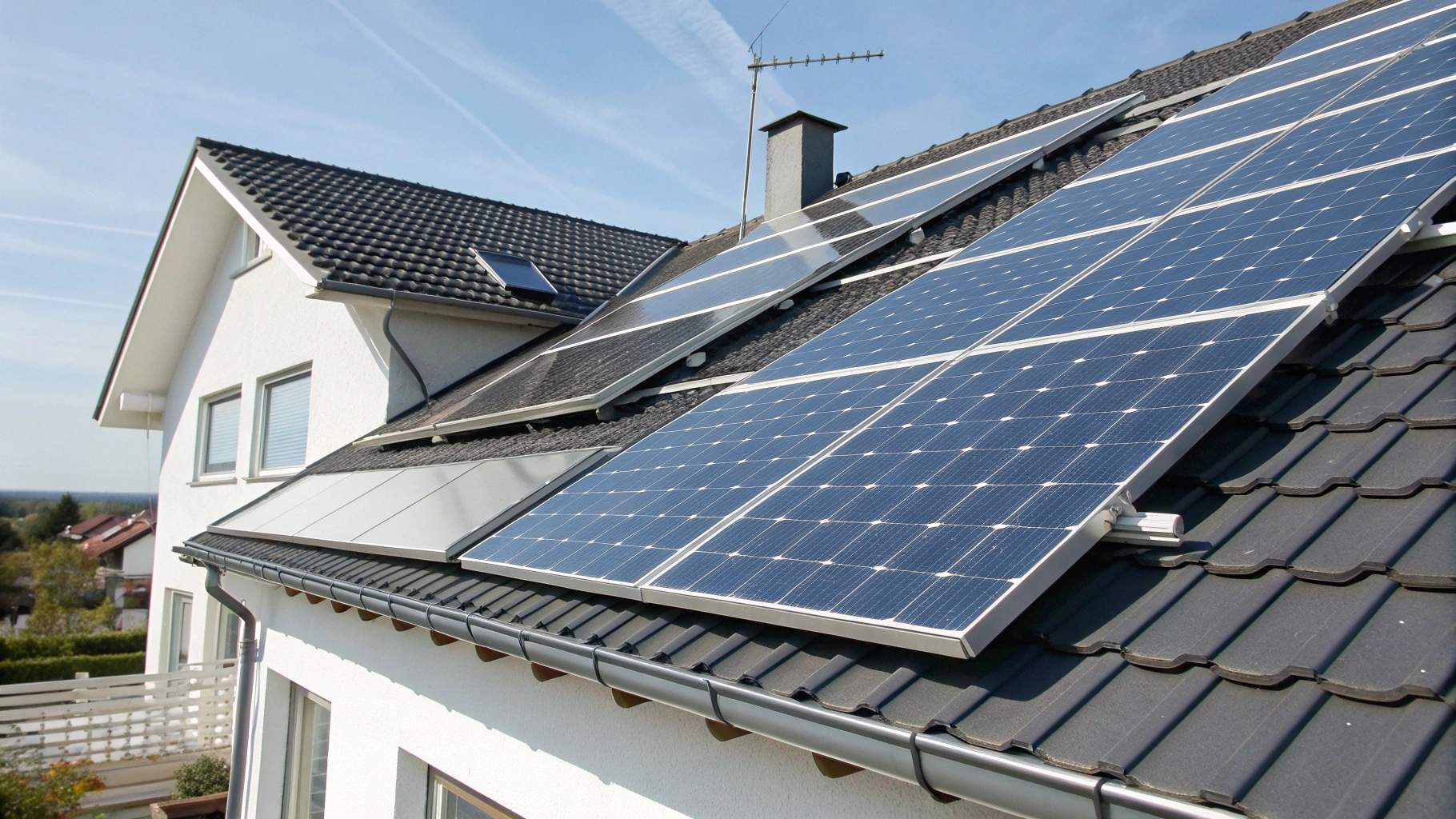 Spotless high efficiency solar panels on residential tile roof reflecting sunlight