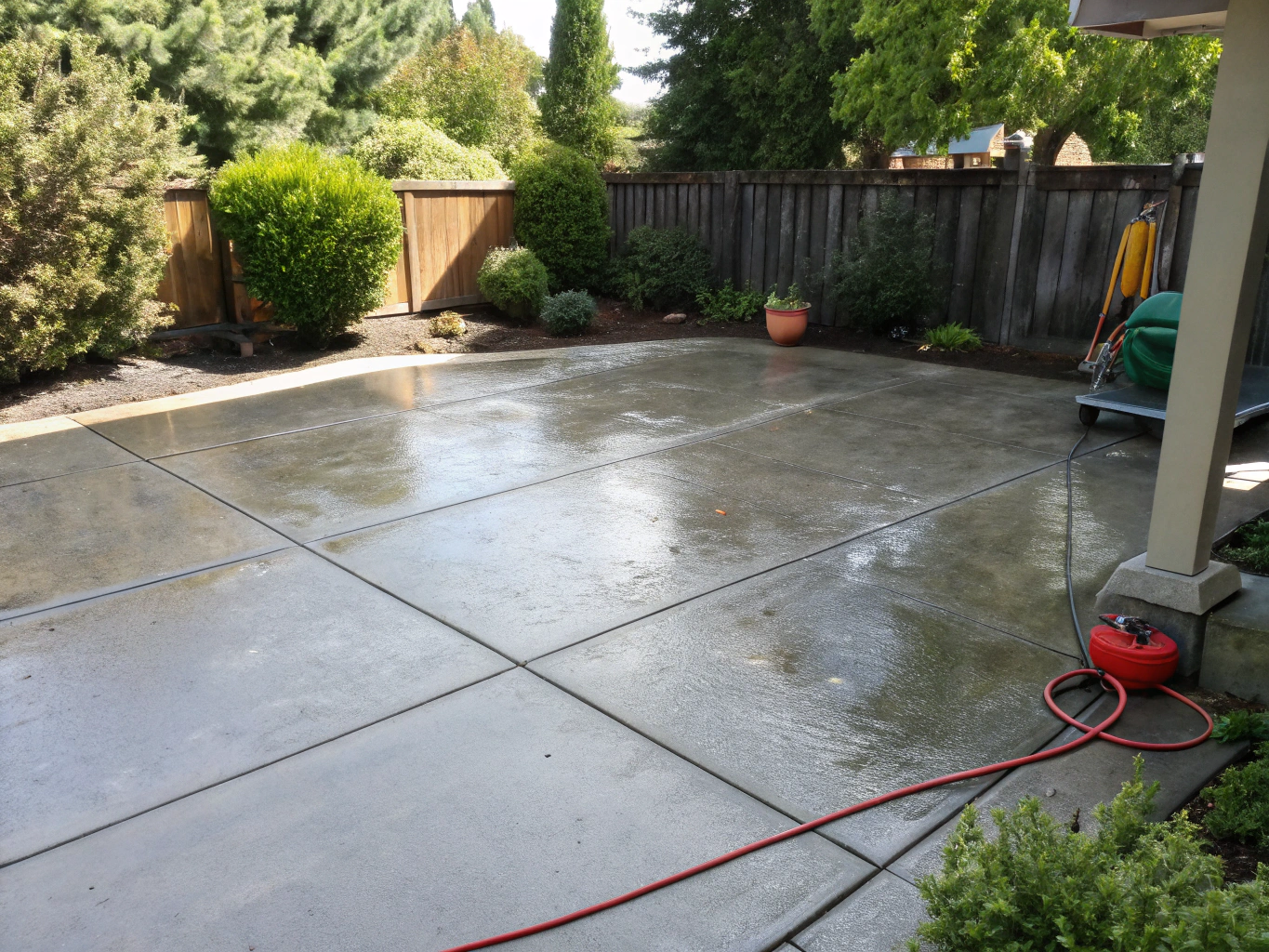 Clean stone backyard patio restored with pressure washing